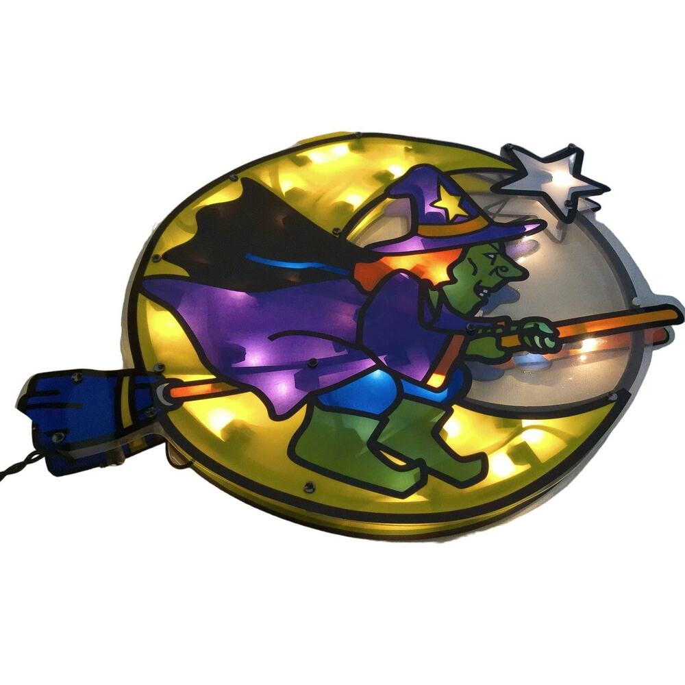 Vintage Halloween Light Up Witch Window Decor Flying Moon Silhouette Sign